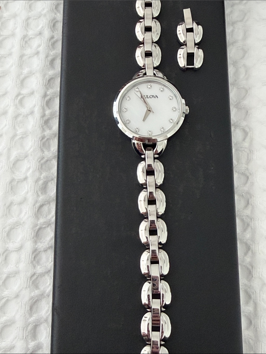 Bulova Womens Silver Tone Bracelet Watch With White Dial And Crystal Markers